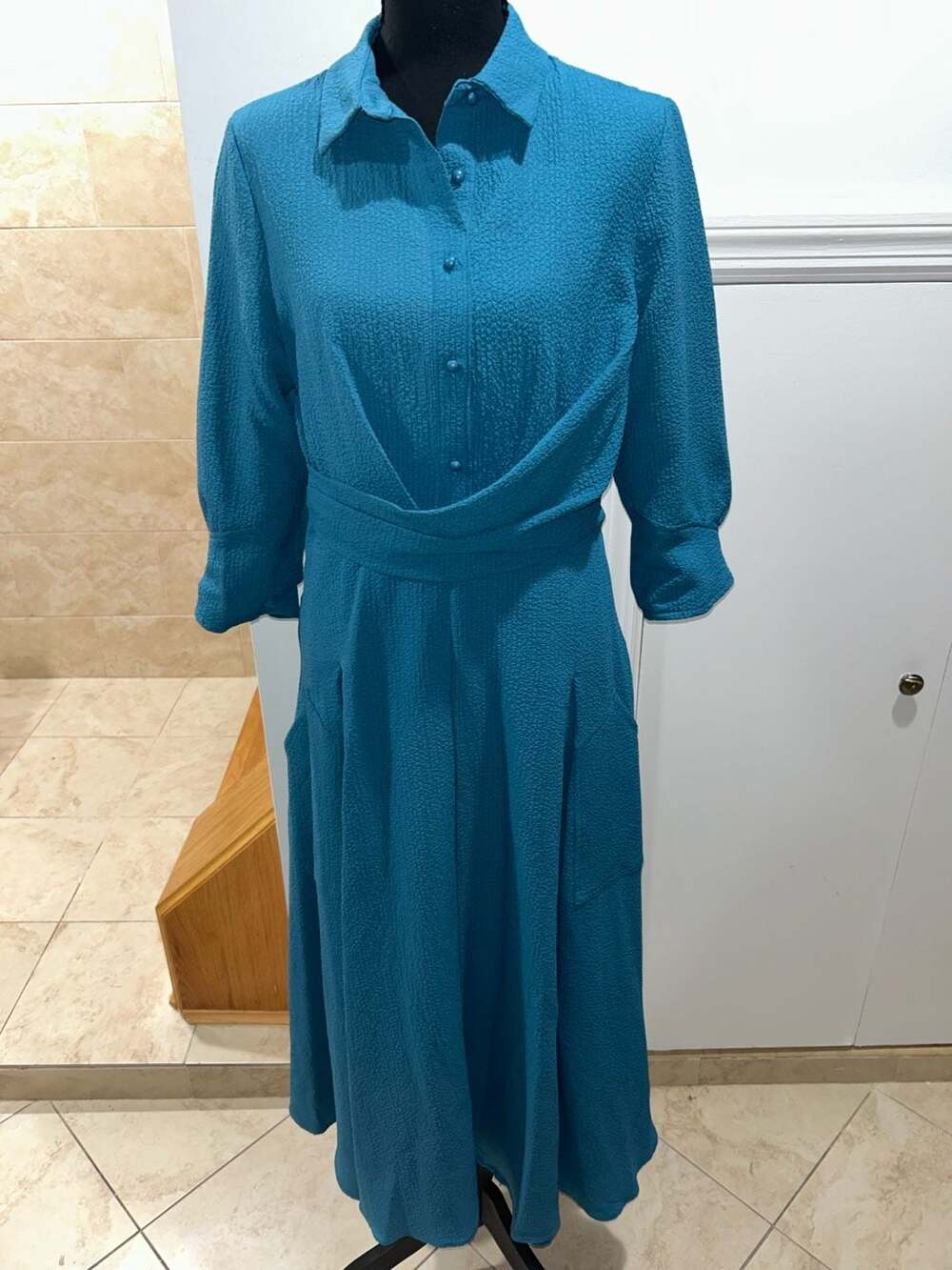 Margot & Clemence Teal Textured Long Sleeve Button-Down Midi Dress